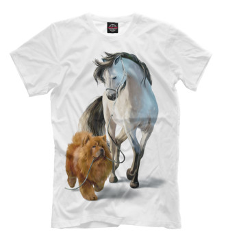 Мужская Футболка Чау-чау и белый конь