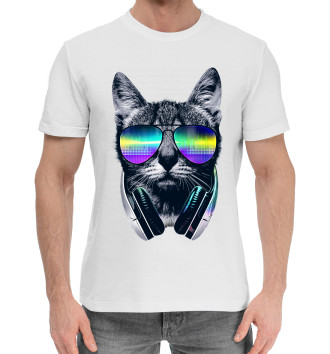 Мужская Хлопковая футболка Кот с наушниками