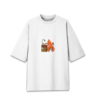 Мужская Хлопковая футболка оверсайз Кот с пишущей машинкой
