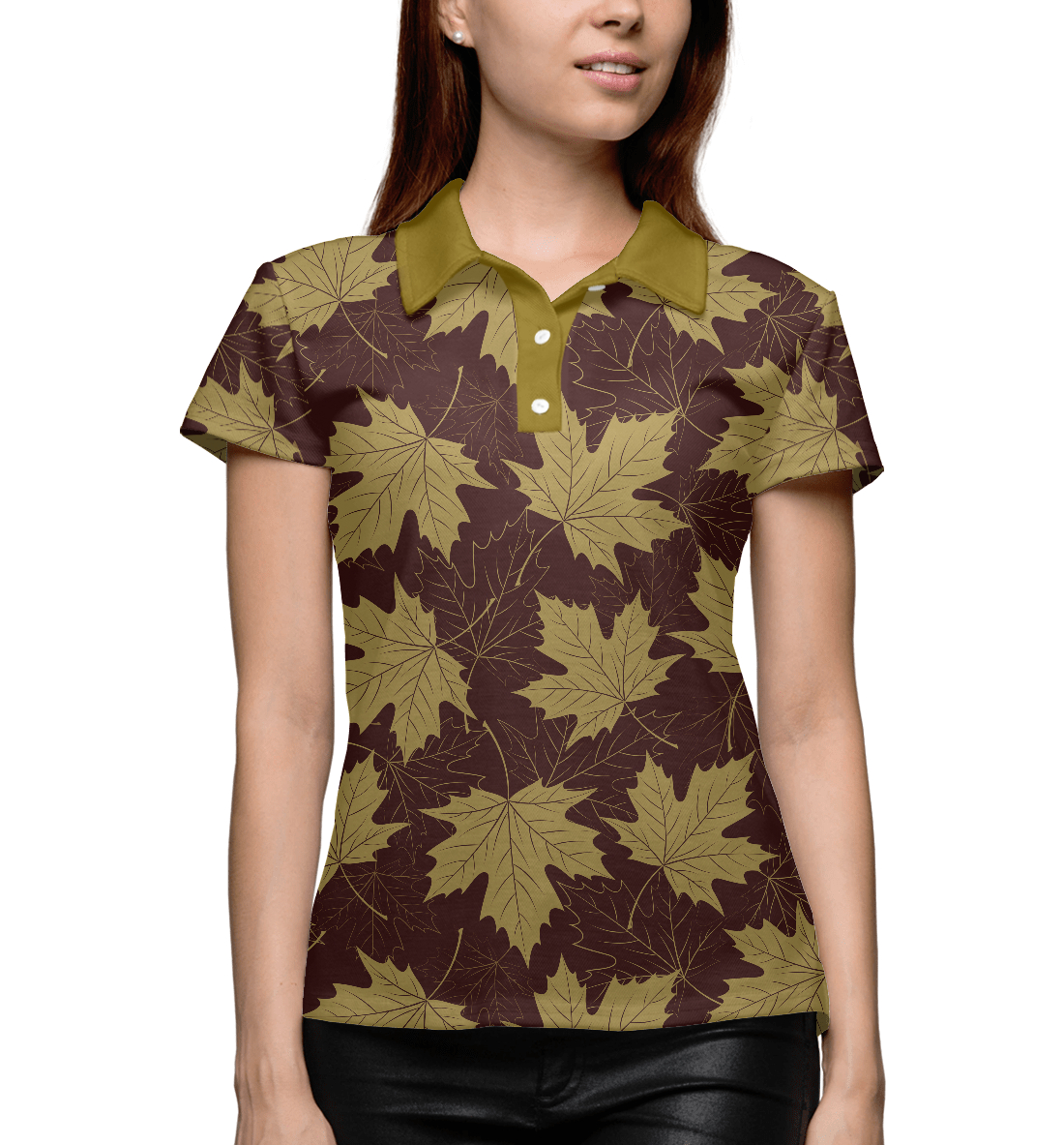 Женское Поло с принтом Осенние листы (коричневый фон), артикул LST-603883-pol-1mp