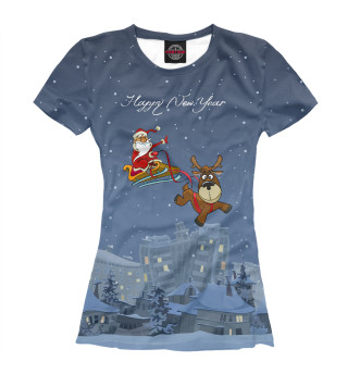 Женская футболка Дед Мороз летит в санях