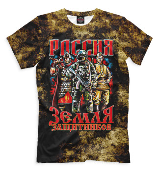 Мужская Футболка Россия земля воинов на черно-желтом фоне