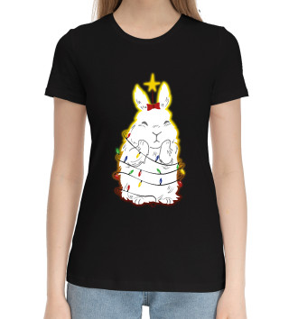 Женская Хлопковая футболка Новогодний белый кролик