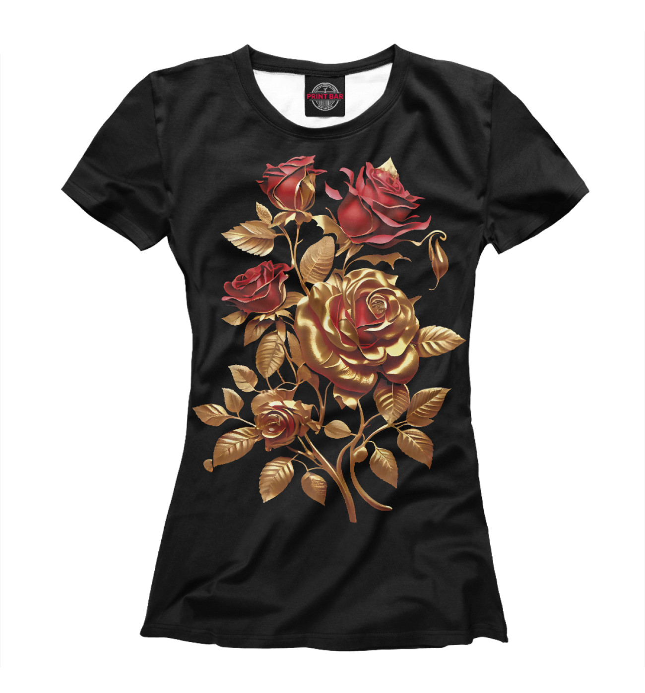 Женская Футболка Красные и золотые розы на черном фоне, артикул: ROZ-217247-fut-1