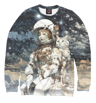 Свитшот для девочек Космонавт с белым полосатым котом