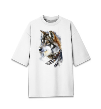 Женская Хлопковая футболка оверсайз Волк с пером