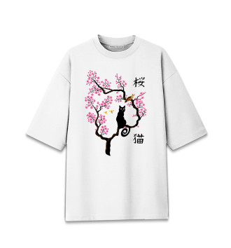 Мужская Хлопковая футболка оверсайз Кошка и птица на сакуре