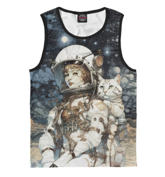 Мужская Майка Космонавт с белым полосатым котом