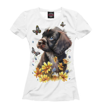 Женская Футболка Черный щенок и жёлтые полевые цветы