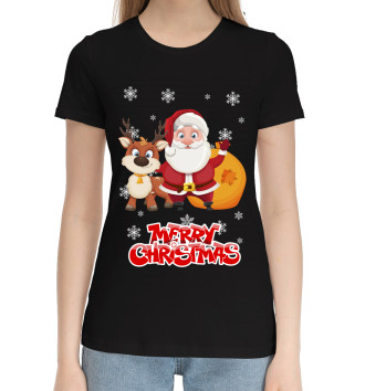 Женская Хлопковая футболка Санта с оленем