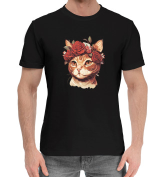 Мужская Хлопковая футболка Кошка с цветами
