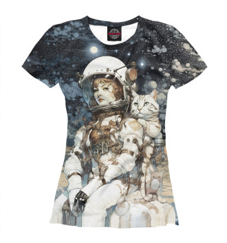 Футболка для девочек Космонавт с белым полосатым котом
