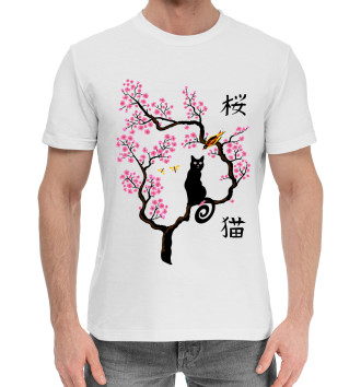 Мужская Хлопковая футболка Кошка и птица на сакуре