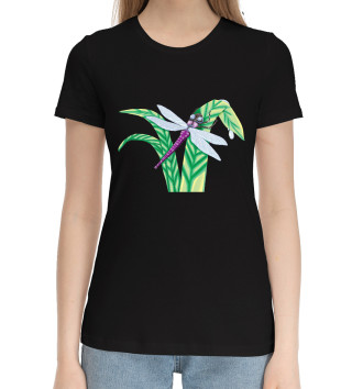 Женская Хлопковая футболка Стрекоза на травинке