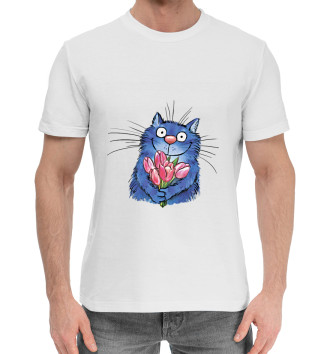 Мужская Хлопковая футболка Кот с цветами