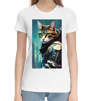 Женская Хлопковая футболка Крутой котяра космонавт