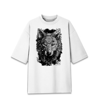 Мужская Хлопковая футболка оверсайз Волк в бирюзовом орнаменте