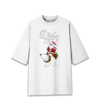 Хлопковая футболка оверсайз для девочек Санта на белом медведе