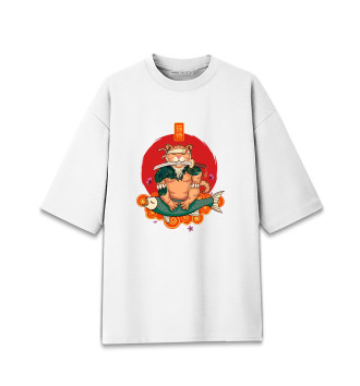 Женская Хлопковая футболка оверсайз Кот самурай