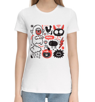 Женская Хлопковая футболка Смешные каракули с набором монстров
