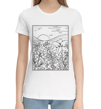 Женская Хлопковая футболка Пейзаж в стиле Line Art
