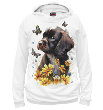 Женское Худи Черный щенок и жёлтые полевые цветы