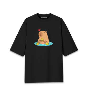 Мужская Хлопковая футболка оверсайз Капибара в озере с уточками