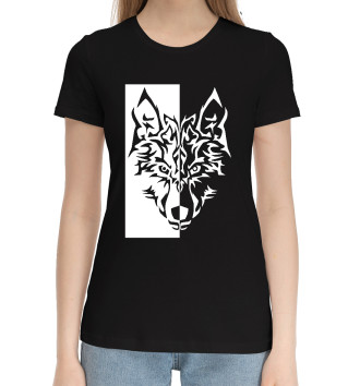 Женская Хлопковая футболка Волк (чёрно-белый)
