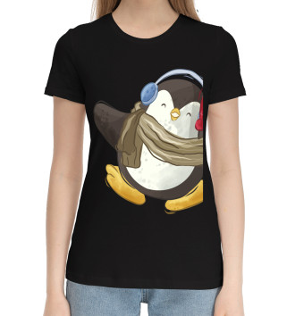 Женская Хлопковая футболка Пингвин в наушниках