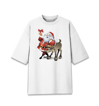 Хлопковая футболка оверсайз для девочек Дед Мороз и олень