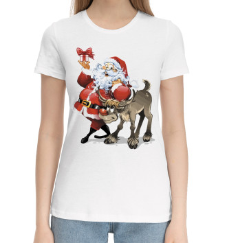 Женская Хлопковая футболка Дед Мороз и олень