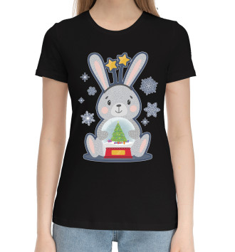 Женская Хлопковая футболка Кролик со снежным шаром