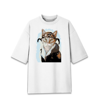 Женская Хлопковая футболка оверсайз Бравый кот пилот / ВВС