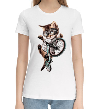 Женская Хлопковая футболка Кот на BMX