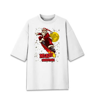 Хлопковая футболка оверсайз для девочек Santa Claus on a snowboard