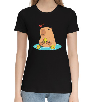 Женская Хлопковая футболка Капибара в озере с уточками