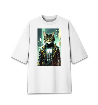 Женская Хлопковая футболка оверсайз Крутой котяра на фоне высоток