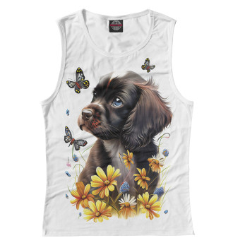 Женская Майка Черный щенок и жёлтые полевые цветы