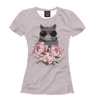 Женская футболка Кота очках с пионами