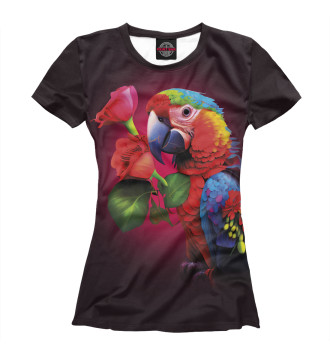 Женская Футболка Попугай ара с цветами