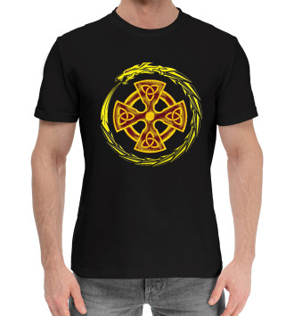 Мужская Хлопковая футболка Кельтский крест на чёрном