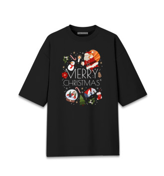 Хлопковая футболка оверсайз для девочек Merry Christmas
