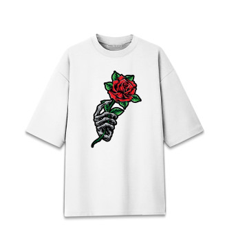 Женская Хлопковая футболка оверсайз Роза в руке скелета