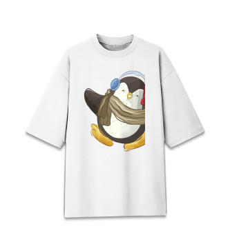 Женская Хлопковая футболка оверсайз Пингвин в наушниках