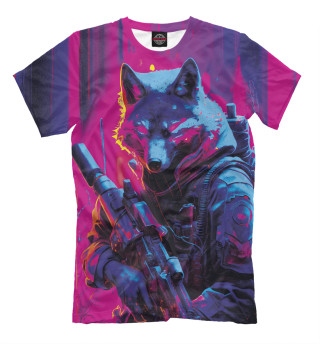 Мужская футболка Неоновый волк солдат спецназа