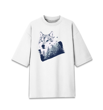 Мужская Хлопковая футболка оверсайз Волк в лесу