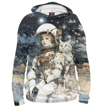 Женское Худи Космонавт с белым полосатым котом