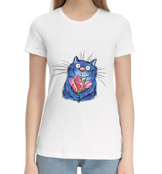 Женская Хлопковая футболка Кот с цветами