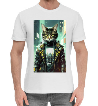 Мужская Хлопковая футболка Крутой котяра на фоне высоток