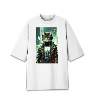 Мужская Хлопковая футболка оверсайз Крутой котяра на фоне высоток
